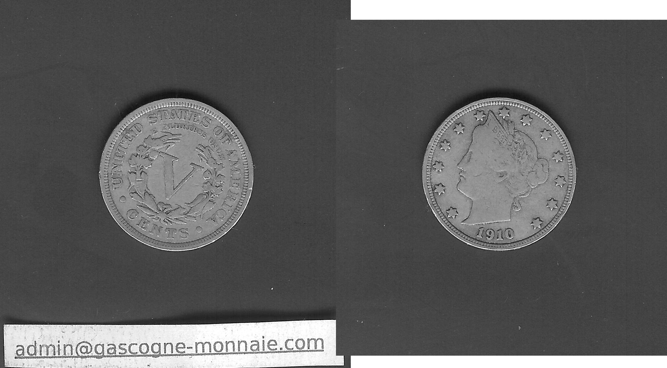 USA 5 cents Liberty Nickel 1910 aVF/VF